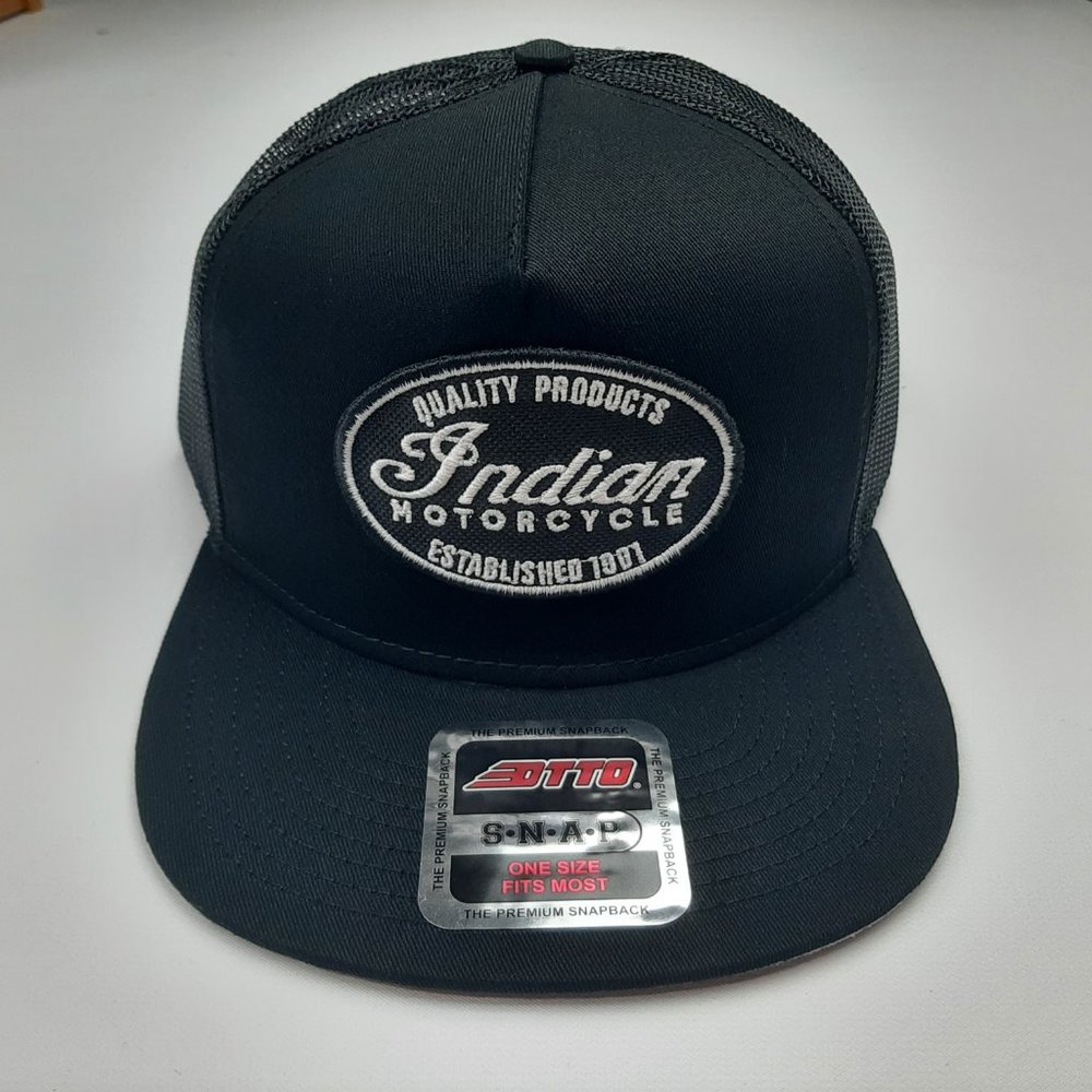 Indian Motorcycle Embroidered Patch Flat Bill Cap Hat Mesh Snapback Black - Picture 2 of 4